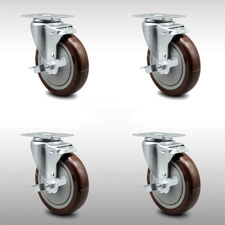 SERVICE CASTER 5 Inch SS Maroon Polyurethane Swivel Top Plate Caster Set with Brake SCC SCC-SS20S514-PPUB-MRN-TLB-4